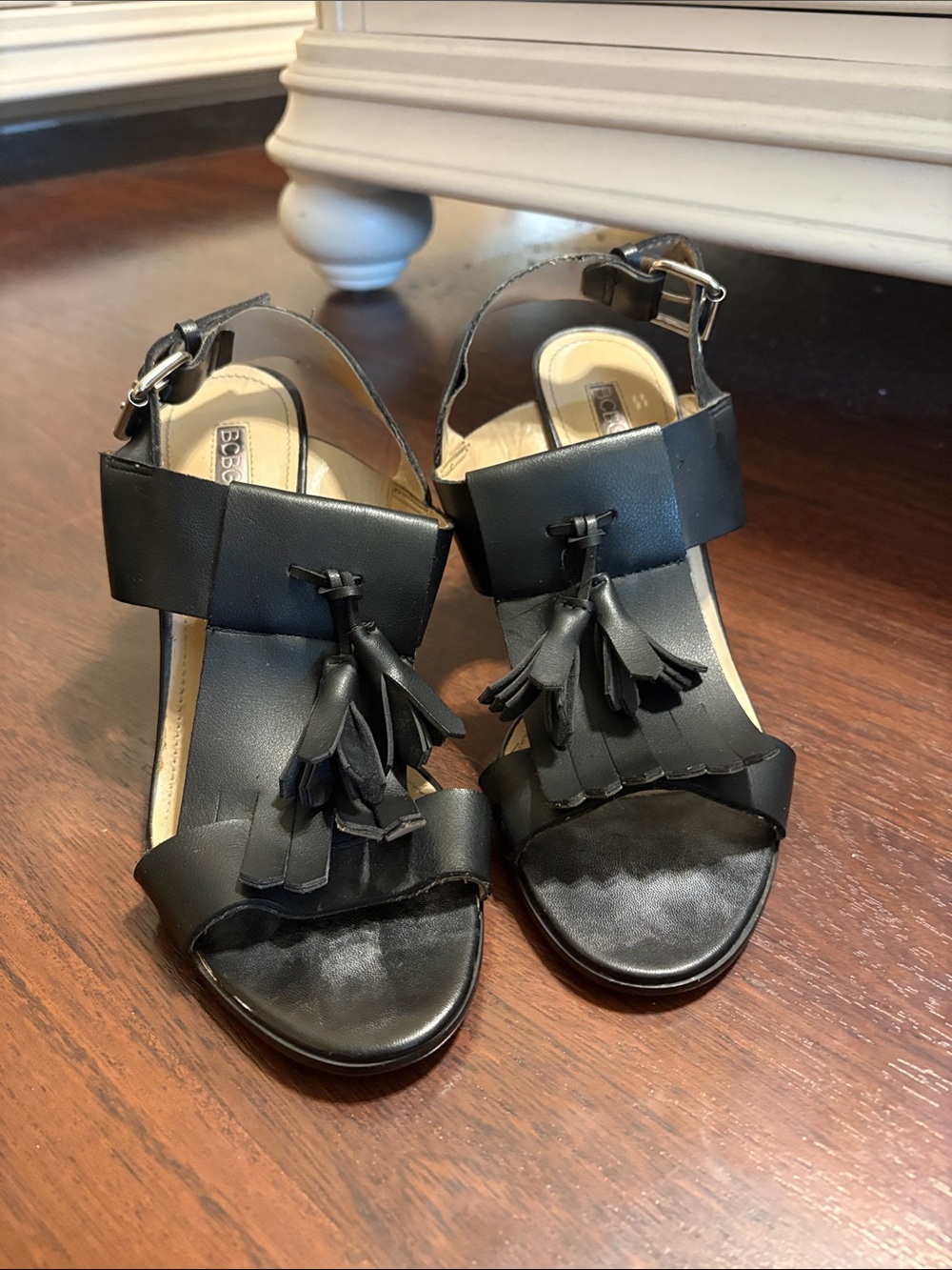 BCBG Black Tassel Ankle Strap Block Heel Sandals